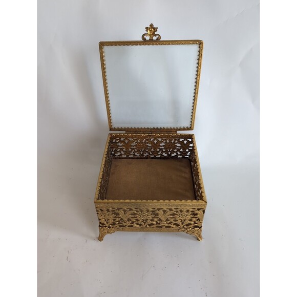 Vtg Jewelry Box Casket Beveled Glass Hollywood Regency Filigree Ormolu - Picture 7 of 7